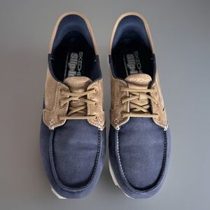 Women's Skechers On The Go Navy Blue/Tan Size 9 A128 Comfort Travel Boat Slip-On